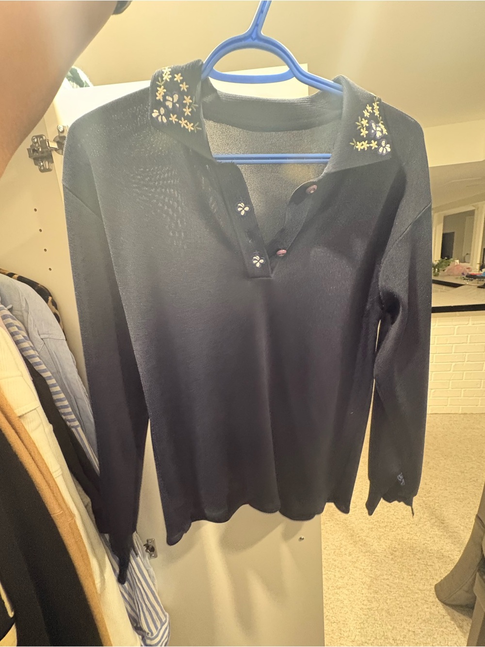 Black Embroidered-Collar Long Sleeve Polo Top